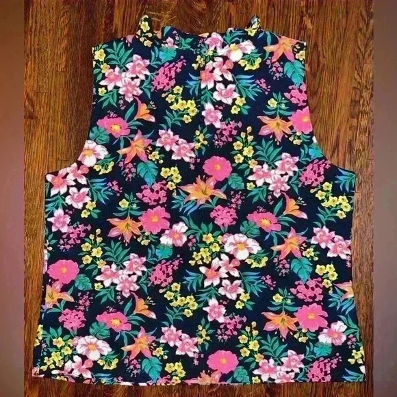 JCREW Ruffle Neck Sleeveless Floral Blouse in Navy, Pink, Green and Yellow - Picture 9 of 9